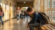 © ISVO - Young male student with backpack sitting on a bench in a school hallway, looking down with classmates walking in the background during daylight hours