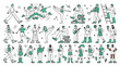 © hum lab - Minimalist hand drawn people character set, diverse flat line art figures in green and white, collection of active human poses for web design