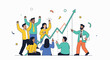 © Riris - Illustration of a diverse group of people celebrating a rising graph with colorful confetti on a white background.