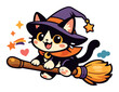 © ProVector - Adorable stylized black cat kitten dressed as a witch, flying on a broom through the air with stars and a heart