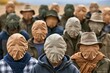© vvalentine - Group of people with faces covered by fabric, creating a mysterious and anonymous crowd