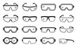 © David - Safety glasses and protective goggles line icons representing personal protective equipment for industrial work, laboratory science, construction safety, and eye protection