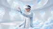 © Iswan - Man wearing virtual reality goggles interacting with glowing blue lightbulbs in a futuristic cloudy white room with a surreal dreamlike atmosphere and innovative technology concept
