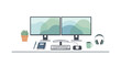 © Alika - A minimalist vector illustration of a productive workspace featuring dual monitors, a keyboard, a mouse, a plant, and a cup of coffee.
