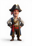 Friendly 3D cartoon pirate captain standing on a white background