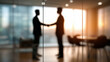 © Helga - Blurred business meeting through glass wall, professional handshake between two colleagues in modern office, soft silhouettes, corporate partnership, agreement, negotiation and tea