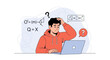 © arumni - Confused student or programmer with laptop and complex formulas, struggling with problem-solving and learning