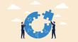 © hsje - Two business people assembling last piece of jigsaw puzzle to complete a circle, concept of teamwork and problem solving.