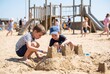 © Betacam-SP - Two young boys building sandcastle on sunny beach playground