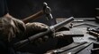 © Nusara Visual Studio - Close up of an artisan jeweler's hands in gloves hammering a metal ring on a mandrel in a workshop with sparks and tools