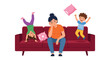 © Amna - Tired mother sits exhausted on a couch while energetic children play wildly around her vector illustration