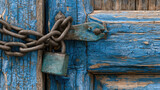 Blue wooden door chain padlock weathered paint old wood close up secure lock rustic texture