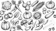 © rihan - Hand Drawn Vegetable Sketch Vector Collection with Pumpkin, Tomato, Mushroom, Broccoli, Carrot, and Corn for Vintage Healthy Food Menu Designs