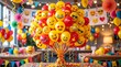 © Nasrin - Cheerful emoji balloons bouquet, festive party decorations with yellow and red smiley face balloons, vibrant celebration background with bunting