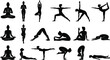 © Abdullah - WebBlack silhouette illustrations of a woman practicing various yoga poses, meditation, and fitness exercises isolated on a white background