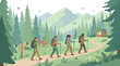 © MAS HENDI 2002 - Hikers walking on a mountain forest trail with a deer and cabin in a national park landscape scene outdoors.