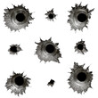 © farid4kbar - A collection of realistic bullet hole marks with torn metal edges and shattered impact details isolated on a transparent background