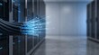 © HF Studio - Blue fiber optic cable strands glowing in modern datacenter server