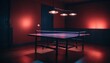 © BeeSee - Table tennis or ping pong sport game hobby play room interior with blue table with a net and a ball. Championship competition match indoor, created with generative ai