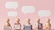 © joeycheung - Five wooden figures hold office items, each with a speech bubble above.