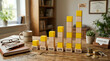 © Itshamza - Business growth concept with wooden blocks representing monthly progress from january to june, topped with a goal reached flag on a wooden office desk