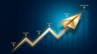 © Specific AI - Golden paper airplane ascending on a glowing arrow charting business growth stages from start to expansion.