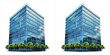 © Salman - Modern glass office building with a row of green trees at the base, featuring a contemporary architectural design isolated on transparent background