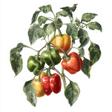 Realistic hand-painted watercolor illustration of a bell pepper plant with colorful ripe peppers, green leaves and natural stems, rendered in a scientific botanical style on a clean white background.