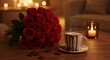 © MakarimZaydan - Rosas vermelhas e café com vela sobre mesa de madeira em ambiente interno