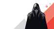 © MDRipon - Mysterious figure wearing a dark hooded cloak and a mask looks forward with glowing eyes in a dramatic and minimalist vector illustration.