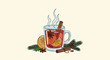 © MDRipon - Warm mug of mulled wine with orange slices cinnamon sticks and star anise is decorated with festive green pine branches.