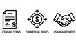 © MAHMUDA  - Set of business icons showing licensing terms commercial rights and usage agreement with licensing commercial agreement contract handshake document business partnership cooperation approval