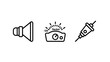 © MAHMUDA  - Set of three linear icons representing sound volume control knob dial audio jack input output connector settings interface multimedia electronics technology adjustment amplifier