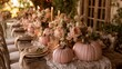 © mashimara - Elegant autumn table setting with pink pumpkins and floral arrangements