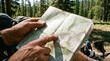 © Noer Aditia - Hiker's hands holding and pointing at a paper map in a forest, planning the route for a wilderness adventure.