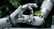 © Katsyarina - Robotic hand holding a green leaf. Artificial intelligence interacting with nature. Concept of harmony between technology and ecology. Sustainability and environment preservation research.