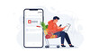 © Kirana - Man uses mobile app for shopping, browsing coupons while sitting in a grocery cart with fresh produce