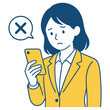 © Shousei - スマートフォンを見ながら困った表情をする女性のイラスト素材です。通信エラーやアプリ不具合、ログイン失敗などの場面を表現できます。