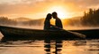 © nethan strore - Silhouette of romantic couple in wooden boat on misty lake at sunset