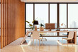 © Who is Danny - Modern luxury office interior featuring premium desk, wooden elements, glass windows and contemporary furniture in bright corporate workspace. 3D Rendering