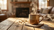 © Janna - World Teachers Day steaming coffee mug on wooden table in cozy interior
