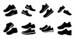 © Tanjila - Black and white sneakers collection flat design - Minimalist vector illustration of various sneaker styles in black and white, perfect for fashion or lifestyle projects.