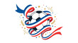 © Mochamad - Graphic illustration of a soccer ball surrounded by red, white, and blue ribbons and confetti on a white background.
