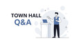 © Aveline - Town Hall Q&A Meeting: Speaker at Podium with Laptop and Notes, Engaging Audience in Discussion