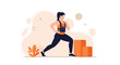 © Revara - Woman performing weighted lunges with a fitness vest and aerobic steps in a modern flat illustration style, promoting health and exercise.