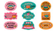 © Dima - Hand Drawn Culinary Logos and Retro Food Badges Vector Set: Whimsical Vintage Cafe, Vegetarian Market, Healthy Cooking, and Craft Bakery Sticker Emblems in Terracotta Orange, Teal Blue, Pink