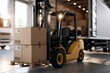 © whitestorm - Yellow forklift loading cardboard boxes onto a pallet inside a warehouse with a large truck in the background.