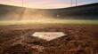 © Rowshan - Baseball field home plate at sunrise with stadium lights and morning mist.