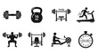 © sajawal - Dynamic monochrome icons illustrating diverse gym equipment and fitness activities like weightlifting, cardio, and strength training, ideal for sports and health-related content