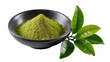 © Gabriela - Green matcha powder in dark bowl with fresh tea leaves
